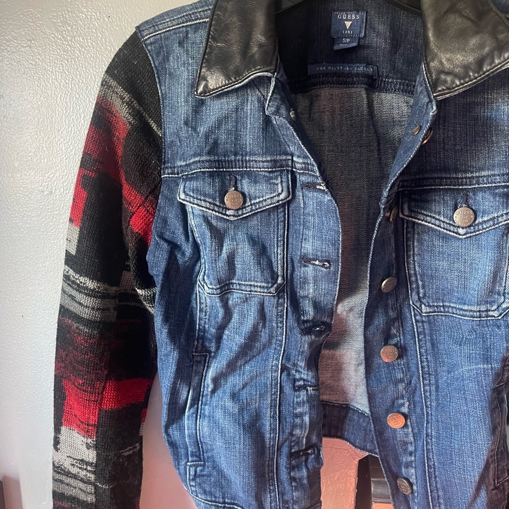 Guess tribal sleeve with leather collar denim jacket